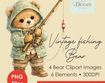 Vintage Fishing Bear Clipart Set | Watercolor Woodland Animal Graphics (Digital Download)