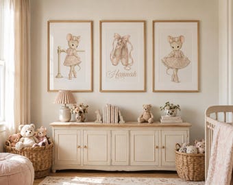 Personalized Ballet Mouse Nursery Wall Art | Girl Nursery Vintage Decor | Includes 6 Coordinating Designs