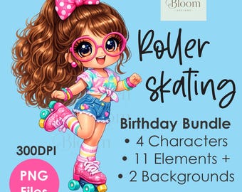 Rollschuhlaufen Geburtstag Clipart | Helles Retro Skating Girl Bundle | Party-Elemente | Kommerzielle Nutzung