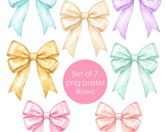Set of 7 Pastel Bow PNG Clipart | Transparent Background | Watercolor Bow Graphics | Sublimation