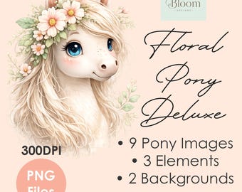 Blumenpony Deluxe Bundle | Aquarell Pony PNG | Niedliches Pferd Clipart | Pony Sublimation | Nahtlose Muster