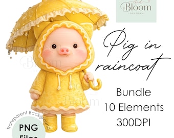Watercolor Piglet Clipart Bundle | Yellow Raincoat Daisy Pig PNG (Digital Download)