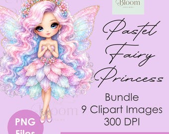 Fee Prinzessin Clipart Bundle PNG | 9 Pastell Feen | Aquarell Fantasy Clipart | Sublimation bereit
