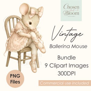 Clipart de ratinha bailarina de conto de fadas vintage | 9 imagens PNG de ratinha bailarina em aquarela | Inspirada em Beatrix Potter | Uso comercial