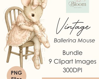 Vintage Storybook Mouse Ballerina Clipart | 9 Watercolor Ballet Mouse PNGs | Beatrix Potter inspired | Commercial use