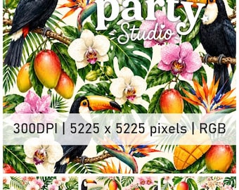 Tropical Toucan Patterns | Watercolor Digital prints | Tropical Papers & Backgrounds