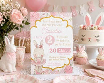 Editable Bunny Ballerina Birthday Invitation in English