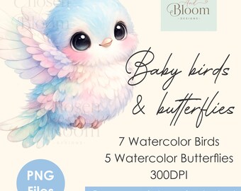Pastel Watercolor Bird & Butterfly Clipart Bundle | Whimsical baby Birds and Butterflies | PNG Art