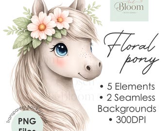 Floral Pony Clipart Bundle | Watercolor Elements, Seamless Patterns (Digital Download)