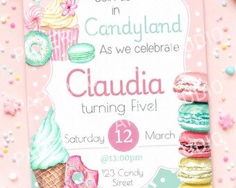 Pastel Candyland Digital Invitation girl - Editable template - Instant Download