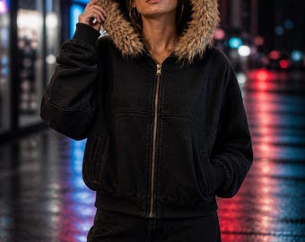 Felpa oversize da donna con cappuccio in pelliccia / Felpa con zip nera slavata / Giacca streetwear Y2K / Felpa ampia / Felpa vintage slavata