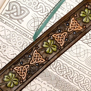 Leather Shamrock and Celtic Knot Bookmark in Leather, Handmade Lucky Irish Bookmarker, Antiqued Rich Coffee Brown Leather (MADE UPON ORDER!)