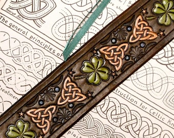 Leather Shamrock and Celtic Knot Bookmark in Leather, Handmade Lucky Irish Bookmarker, Antiqued Rich Coffee Brown Leather (MADE UPON ORDER!)