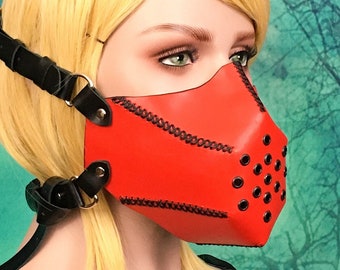 Red Leather Ventilated Mask, Handcrafted Leather Costume Respirator Mask, Handstitched Red and Black Costume Mask, Medium Adult