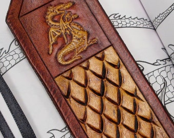 Leather Dragon and Dragon Scale Bookmark, Handmade Scales and Celtic Knotwork Antiqued Golden Caramel Brown Leather Bookmark with Ribbon