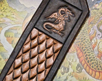Leather Dragon Scale Bookmark, Handmade Scales and Celtic Knotwork Antiqued Rich Coffee Brown Leather Bookmark with Ribbon(MADE UPON ORDER!)