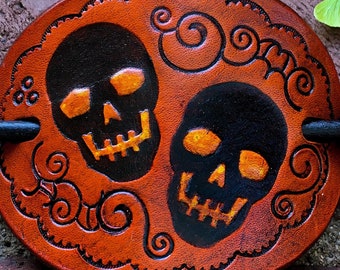 Leather Skulls Festive Stick Barrette, Handcrafted Halloween Hair Slide, Two Glowing Eyed Skulls, Bun Maker