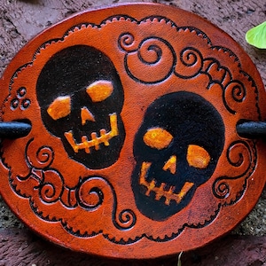 Leather Skulls Festive Stick Barrette, Handcrafted Halloween Hair Slide, Two Glowing Eyed Skulls, Bun Maker