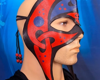 Leather Celtic Helm, Red Blue and  Black Knotwork Mask, Handpainted Wearable Art, Irish Fantasy Costume Piece