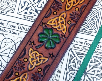 Leather Lucky Four Leaf Clover Celtic Knot Bookmark, Golden Caramel Brown Leather, Handcrafted Shamrock Irish Bookmark (MADE UPON ORDER!)