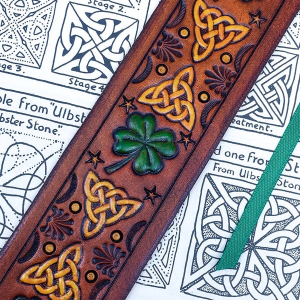 Leather Lucky Four Leaf Clover Celtic Knot Bookmark, Golden Caramel Brown Leather, Handcrafted Shamrock Irish Bookmark (MADE UPON ORDER!)