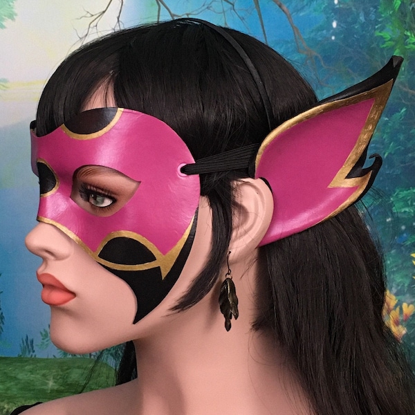 Leather Fairy Fantasy Mask and Ear Accessory, Pink Black Gold Handcrafted Fae Costume, Two Piece Leather Halfmask & Ears Headband