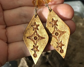 Leather Earrings, Bronzed Leather, Handtooled, Diamond Shaped Arty Abstract Stars Leather Earrings, Lightweight Hypoallergenic Hooks