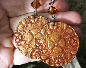 Earrings, Leather Medallion Handtooled, Textural Coppery Metallic Leather Steampunk Gears Earrings, Lightweight, Hypoallergenic French Hooks