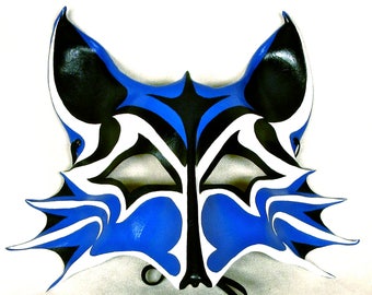 Leather Fox Mask, Kitsune Costume Piece, Blue White and Black Japanese Mythology Mask, Hand Painted, Hand Sculpted Art Mask