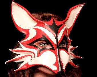 Leather Kitsune Mask, Leather Fox Eyemask, Red and Black Japanese Mythology Costume, Handpainted And Wearable Leather Art Mask