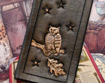 Leather Nightowl Bookmark in Antiqued Leather, Handmade Owl Moon Stars Antiqued Rich Coffee Brown Leather with Ribbon (MADE UPON ORDER!)