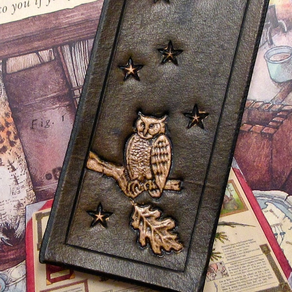 Leather Nightowl Bookmark in Antiqued Leather, Handmade Owl Moon Stars Antiqued Rich Coffee Brown Leather with Ribbon (MADE UPON ORDER!)
