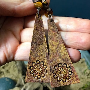 Earrings,Bronze-toned Leather, Handtooled , Tiger Eye Beads, Long  Leather Flower Dangle Earrings, Lightweight, Hypoallergenic French Hooks