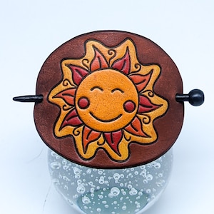Leather Smiling Sun Stick Barrette, Adorable Happy Sunshine Hair Slide, Handcrafted Leather Summery Hair Decor Gift for Cheering a Friend Up