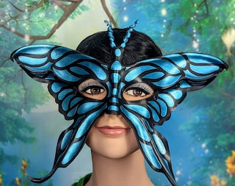 Leather Butterfly Mask, Iridescent Blue and Black Moth Eyemask, Handcrafted Metallic Turquoise Winged Butterfly Fairy Halfmask