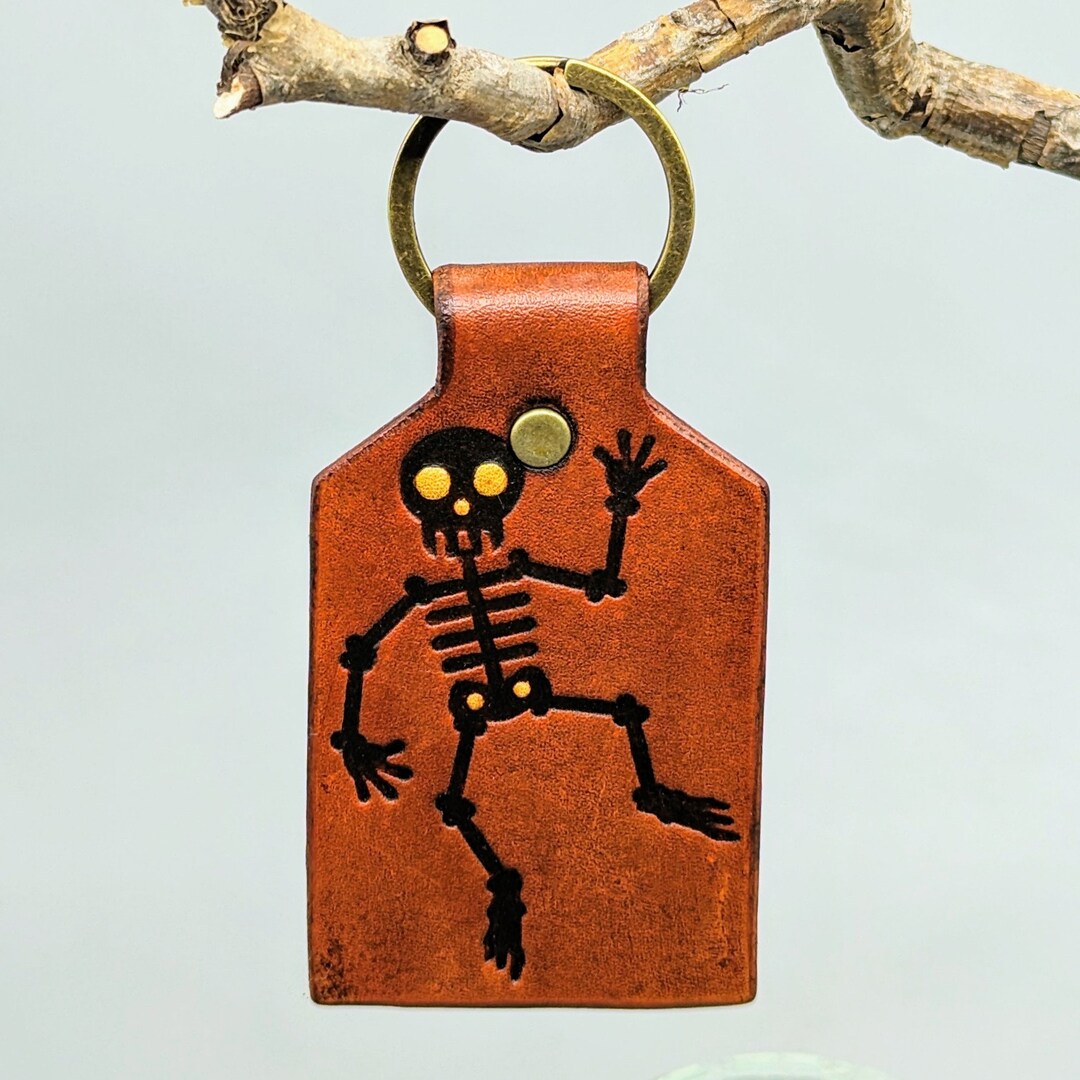 Nice Key Rings Skeleton Leather Skeleton Dancing Keyring, Handcrafted Halloween Leather Key Fob ...
