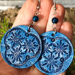 Leather Earrings, Blue Triple Sun Handcrafted, Lightweight with Surgical Steel French Hooks, for Sensitive Ears