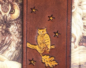 Leather Nightowl Bookmark in Antiqued Warm Toffee Brown Leather, Owl in an Oak, Moon and Stars, Handmade Leather Bookmark (MADE UPON ORDER!)