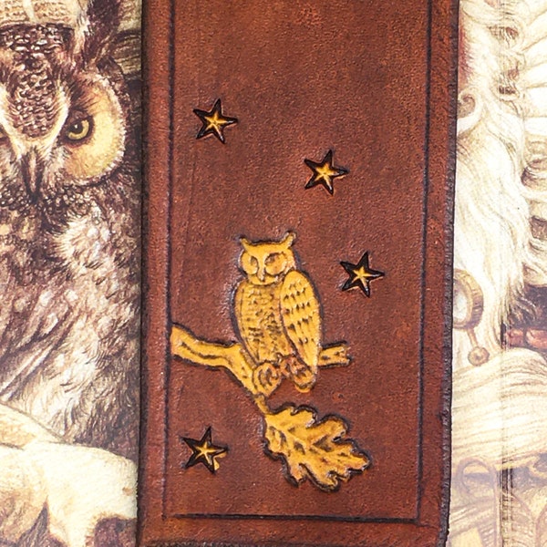 Leather Nightowl Bookmark in Antiqued Warm Toffee Brown Leather, Owl in an Oak, Moon and Stars, Handmade Leather Bookmark (MADE UPON ORDER!)