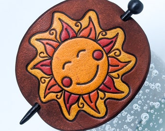 Leather Smiling Sun Stick Barrette, Adorable Happy Sunshine Hair Slide, Handcrafted Leather Summery Hair Decor Gift for Cheering a Friend Up