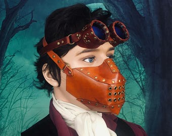Leather Steampunk Costume Respirator, Handmade Diesel Punk Zombie Apocalypse Wasteland Leather Mask, Costume Mask, Medium Adult