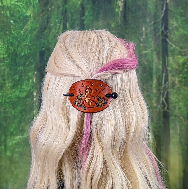 Leather Fox Under Stars Handcrafted Stick Barrette, Red Fox and Ferns Hair Slide, Nature Barrette, Beautiful Hair Decor Bild 4