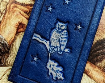 Leather Nightowl Bookmark in Royal Blue Leather, Handmade Owl Moon Stars, Deep Blue Leather with Ribbon, Velvet Backed, Finished Edges