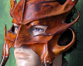 Horned Leather Warrior Helm, Handcrafted Mask, Battle Scarred Dragon Hunter Armor, Ready To Mail