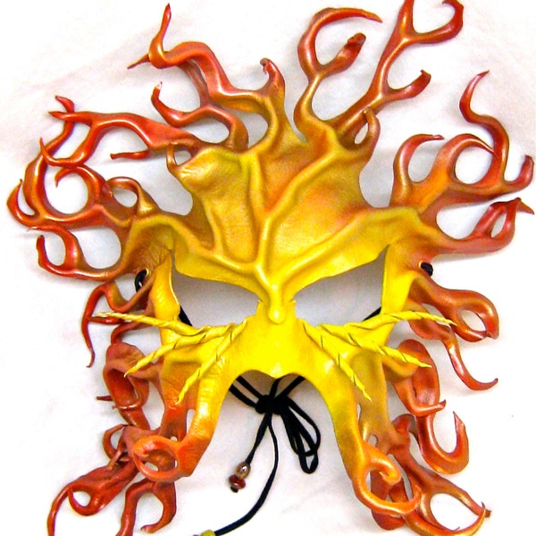 Large Sun mask, leather,  blazing, iridescent yellow and orange, solar power, fire