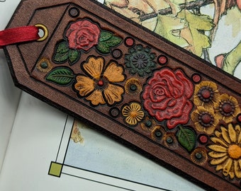 Leather Flower Garden Bookmark, Handcrafted, Many Colored Summer Blooms, Textural, Leather Art with Ribbon, Velvet Backed, Finished Edges