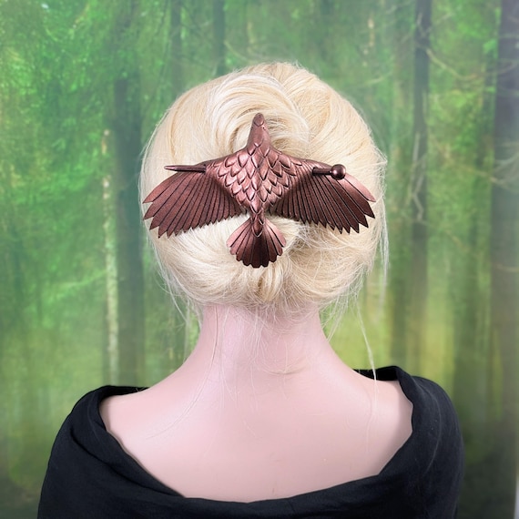 Leather Raven Hair Pin, Copper (Lge.), Dramatic Metallic Copper Crow Stick Barrette, Handcrafted Leather Raven Large Barrette, Bun Holder