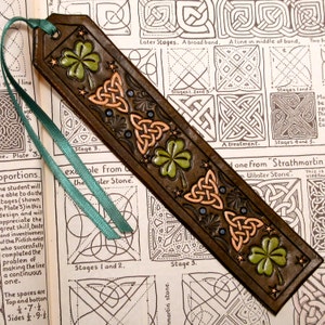 Leather Shamrock and Celtic Knot Bookmark in Leather, Handmade Lucky Irish Bookmarker, Antiqued Rich Coffee Brown Leather (MADE UPON ORDER!)