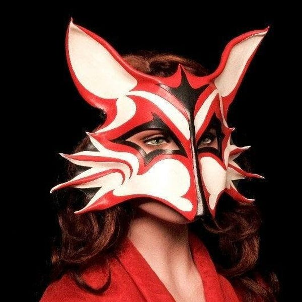 Leather Fox Mask, Kitsune  Eyemask, Red Black White Japanese Inspired, Handcrafted  Wearable Leather Art