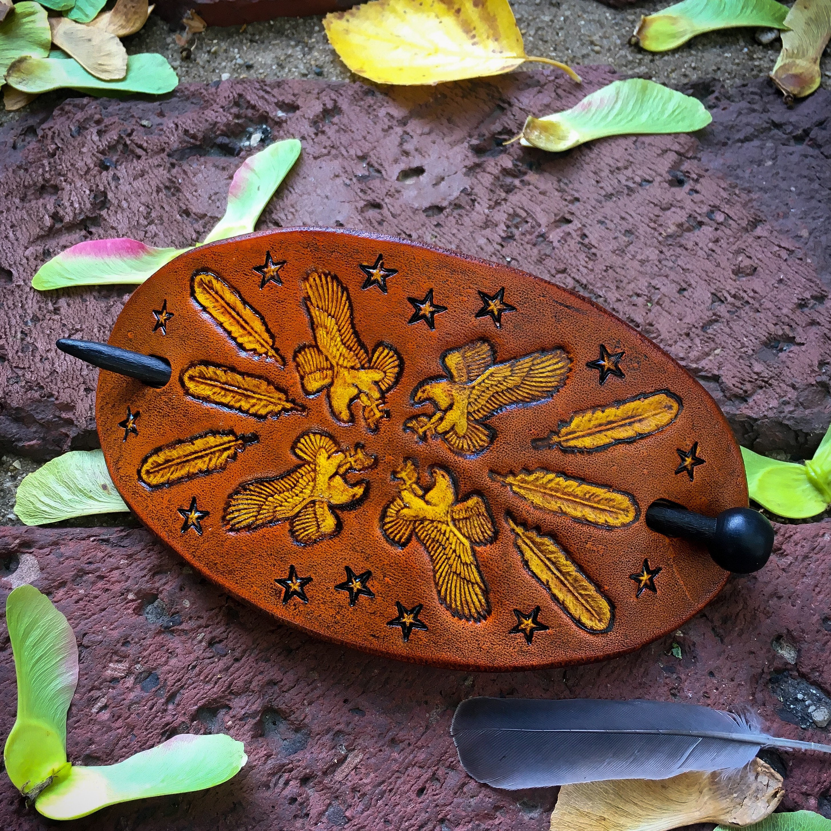 Handcrafted Leather Eagles Feathers Stars Hair Slide, Large Boho Stick Barrette, Bun Holder